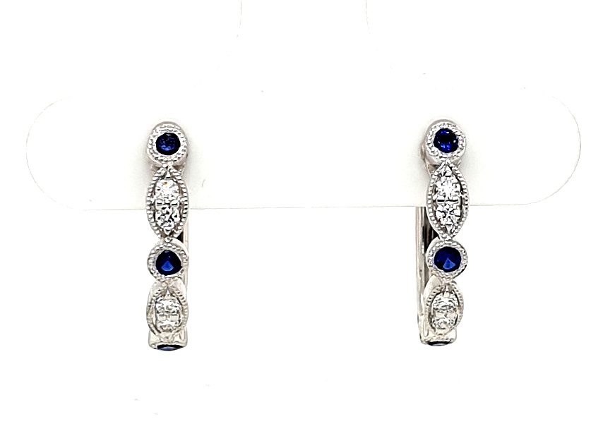 18ct White Gold Diamond (0.11ct) and Sapphire (0.19ct) Huggie Earrings (21217)