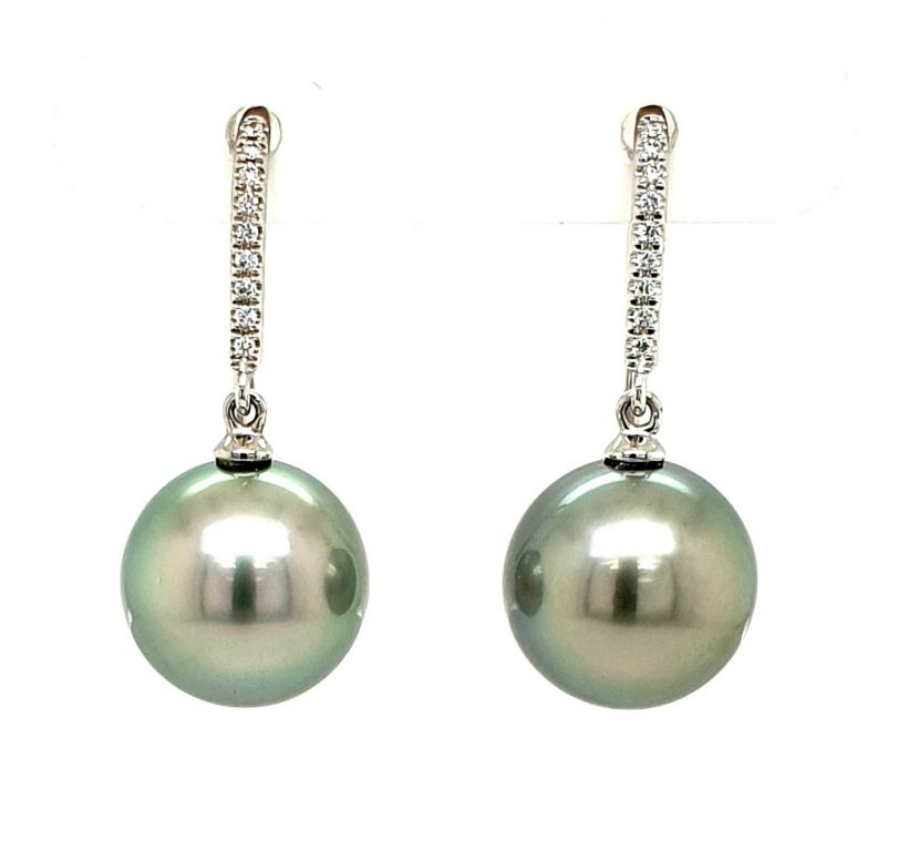 18ct White Gold Tahitain Pearl (11-11.5mm) and Diamond (0.09ct) Earrings (21226)