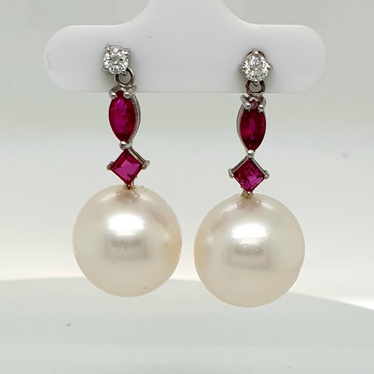 18ct White Gold Soth Sea Pearl (14-14.5mm) Natural Ruby (1.02ct Total) and Diamond 2x 0.10ct F SI Drop Earrings (21235)