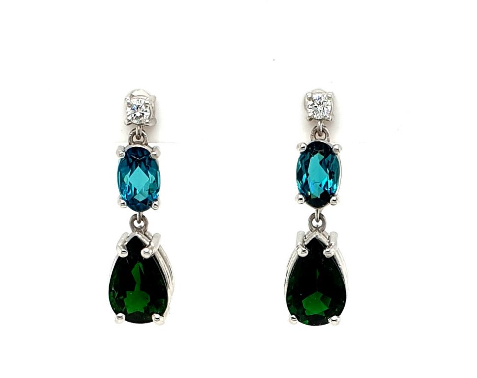 18ct White Gold Diamond 2x0.02ct F SI Green Tourmaline (2.40ct total) and Blue Tourmaline (1.0ct total) (21239)