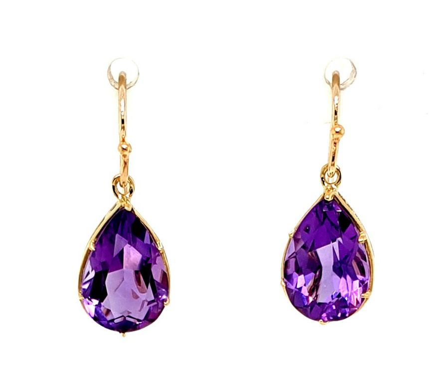 9ct Yellow Gold Amethyst 2x 1.70ct (10x7mm) Drop Earrings (21410)