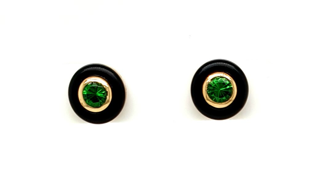 9ct Yellow Gold Onyx Tsavorite Garnet (2x0.10ct) 7.75mm Diameter Earrings (21543)