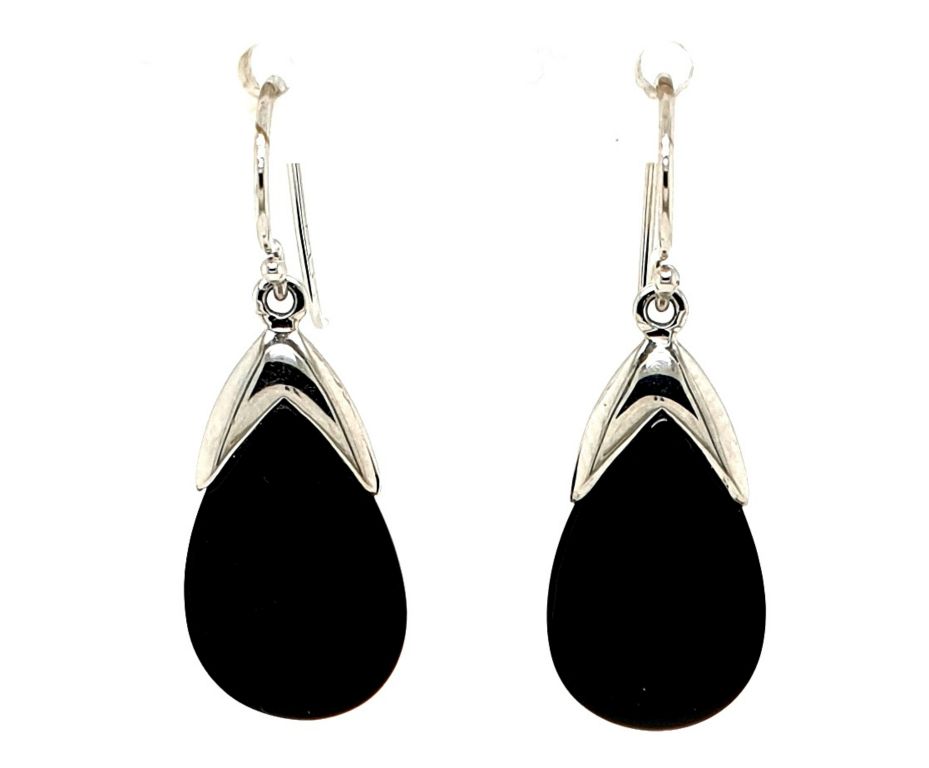 9ct White Gold Onyx Drop 19.5mm Drop Earrings (21545)