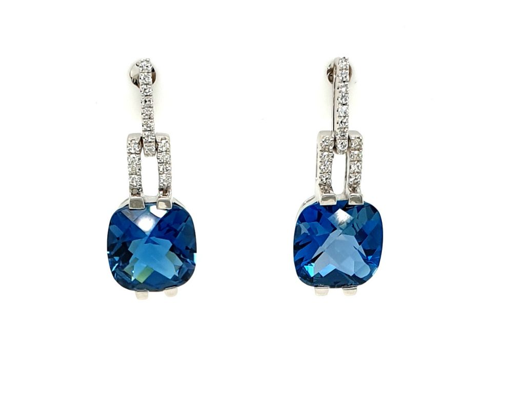 9ct White Gold London Blue Topaz (2x 2.50ct) Diamond (32x 0.005ct GH SI) Earrings (21552)