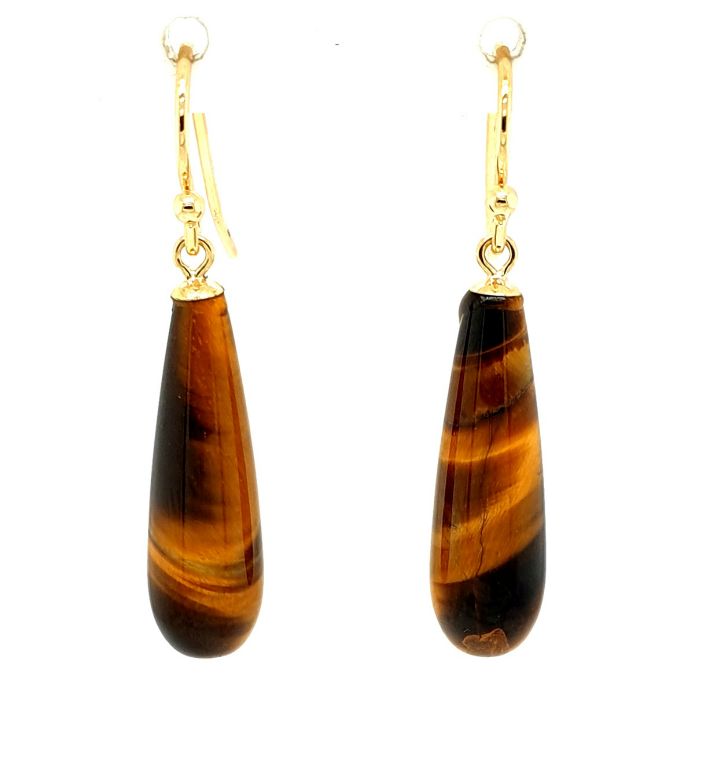 9ct Yellow Gold Tigers Eye Drop (Length 22mm) Earrings (21558)