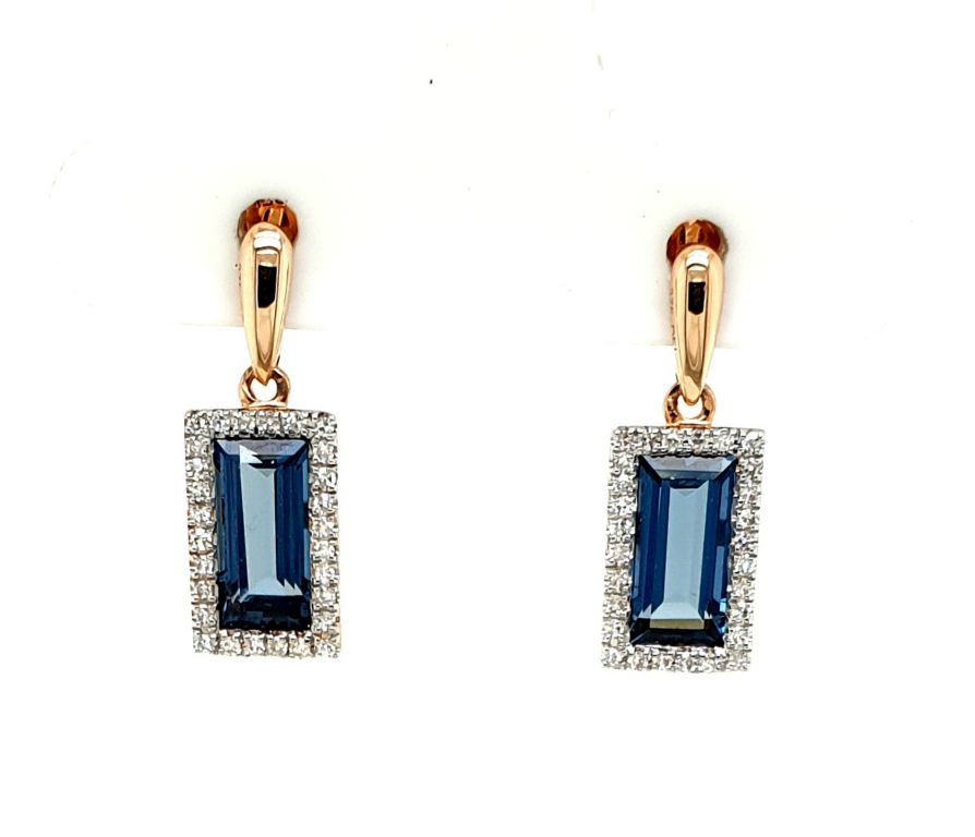 9ct Rose Gold London Blue Topaz 2x 0.95ct Diamond 56x 0.005ct GH SI Earrings ( L=17mm) (21590)