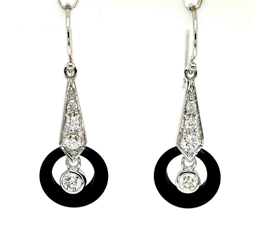 9ct White Gold Onyx (10mm) Diamond (0.40ct tot GH SI) Drop Earrings (L=21mm) (21592)
