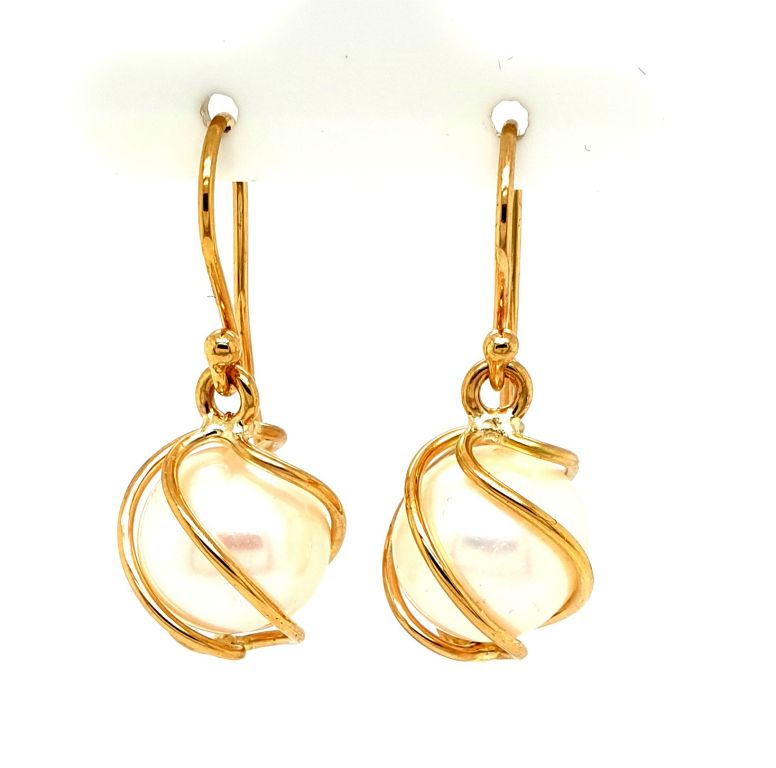9ct Yellow Gold Caged Freshwater Pearl (13.5-14mm) Drop Earrings (21693)