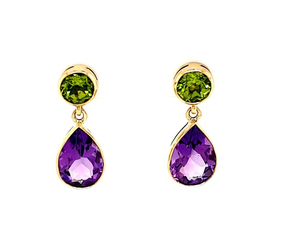9ct Yellow Gold Amethyst (2x1.70ct) and Peridot (2x 0.50ct) Length 20mmDrop Earrings (21721)