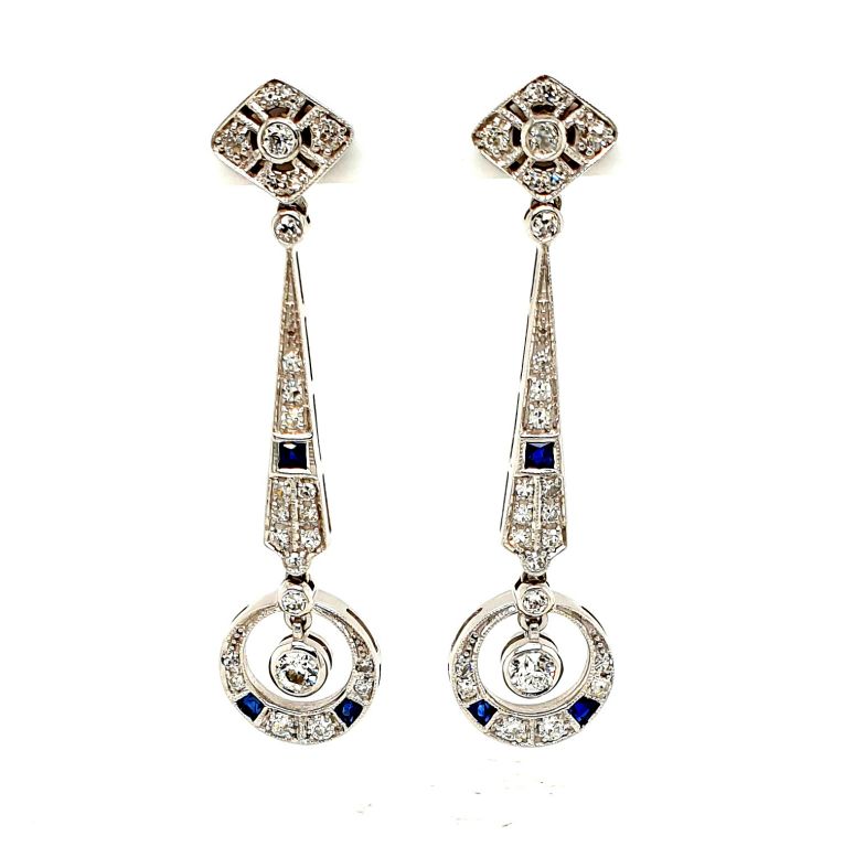 18ct White Gold Sapphire (0.28ct) and Diamond (0.80ct tot GH SI) Deco Style Earrings L=47mm (217930