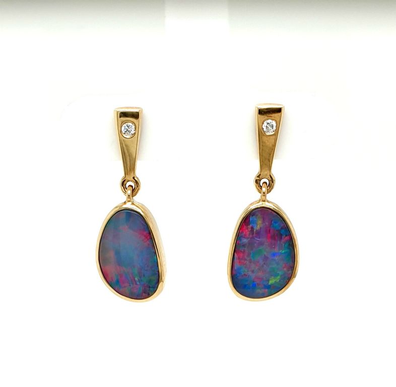 9ct Yellow Gold Opal Doublet (12x9mm) and Diamond (2x0.02ct GH SI) 24mm Drop Earrings (21869)