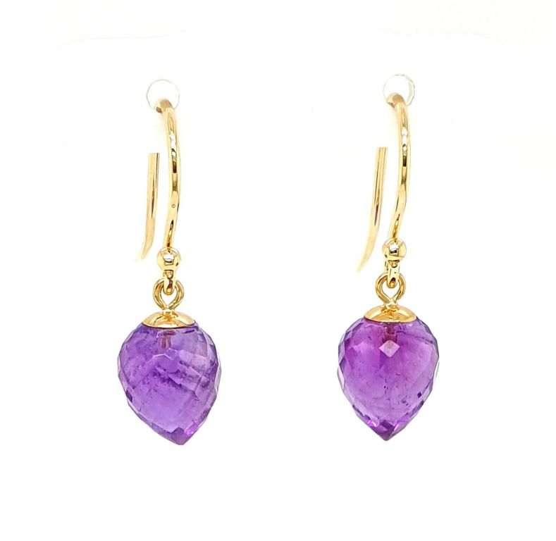 9ct Yellow Gold Amethyst Briolette (10x8mm) Drop Earrings  (22038)