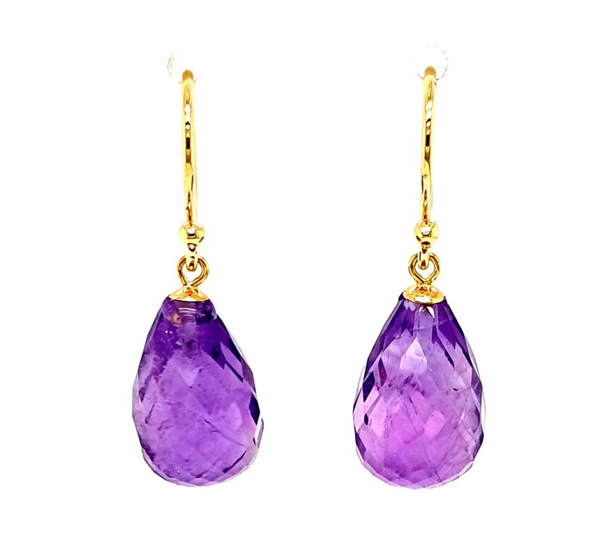 9ct Yellow Gold Amethyst Briolette (15x10mm) Drop Earrings (22039)