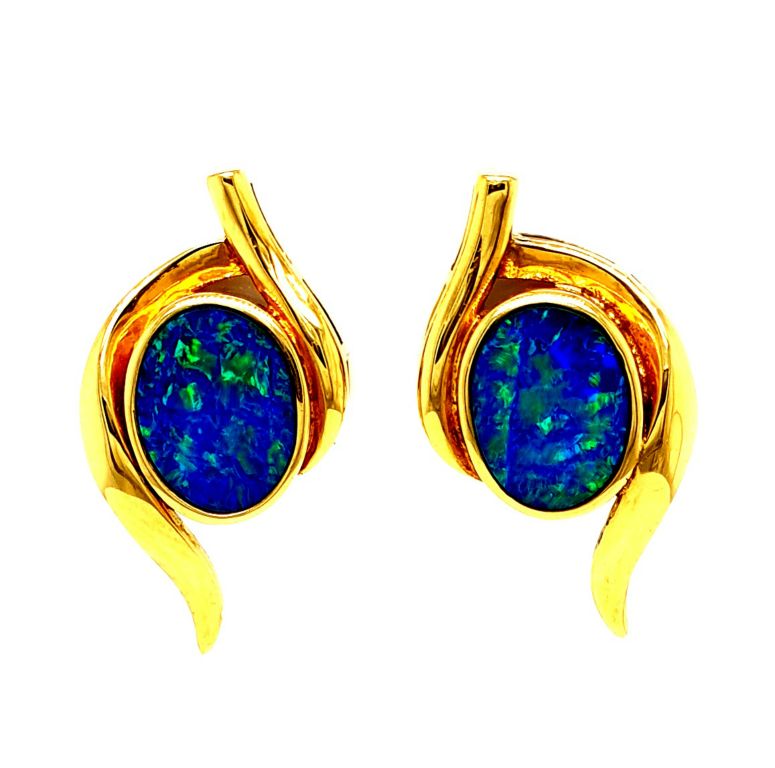 14ct Yellow Gold Opal Doublet (11x8mm) Stud Earrings (24.8x13.8mm) (22048)