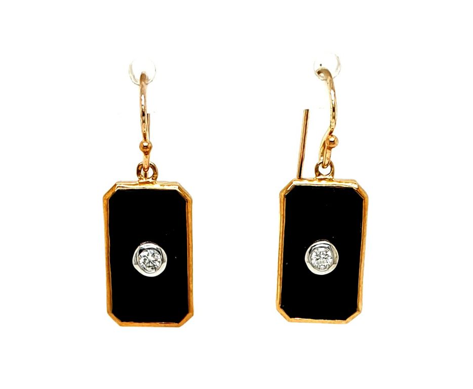 9ct Yellow Gold Onyx (13x8.5mm) Diamond (2x 0.05ct GH SI) Drop Earrings (22054)