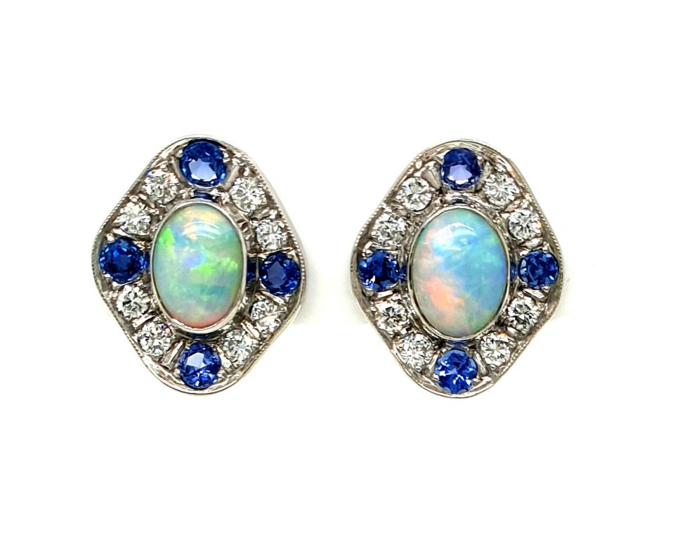 14ct White Gold Solid Opal (8x6mm) Diamond (16x 0.05ct FG VS2) and Ceylon Sapphire (8x 0.08ct) Stud Earrings (16x14mm) (22119)