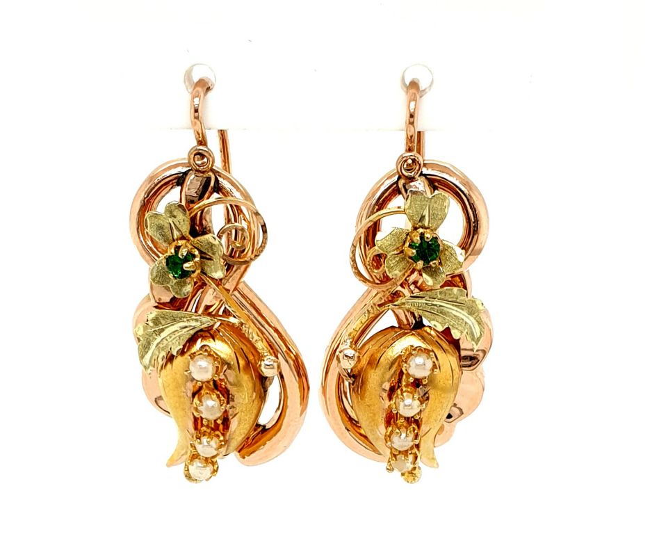 9ct Yellow Gold Tsavorite Garnet and Pearl Drop (31.5mm long) Earrings (22121)