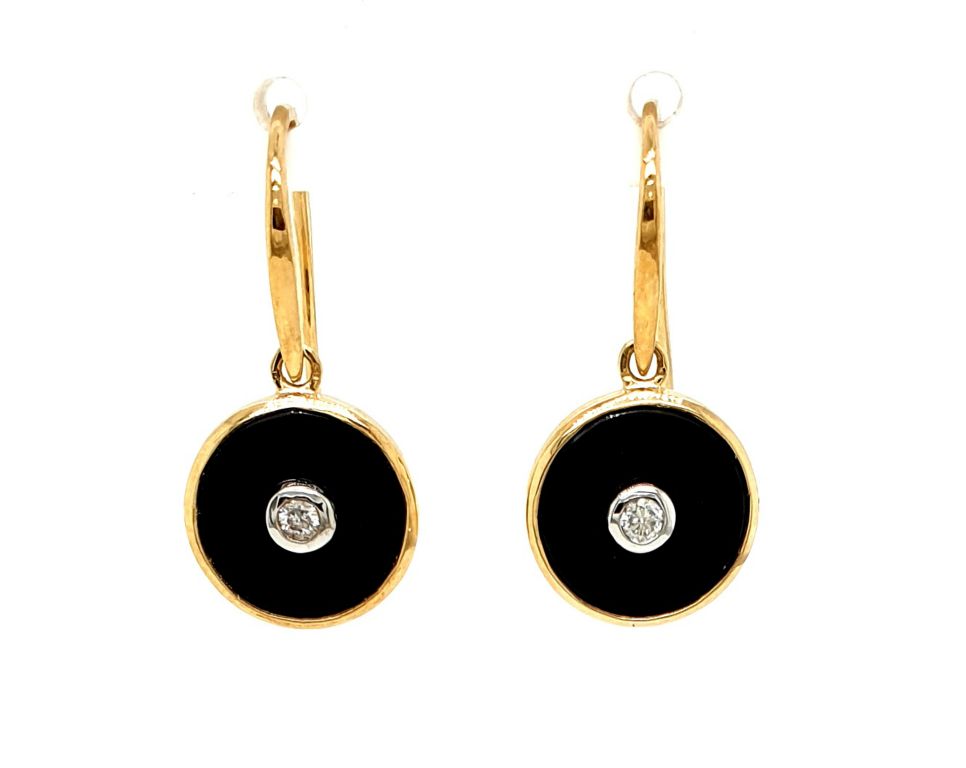 9ct Yellow Gold Onyx (11mm) Diamond 2x 0.05ct Earrings (22264)