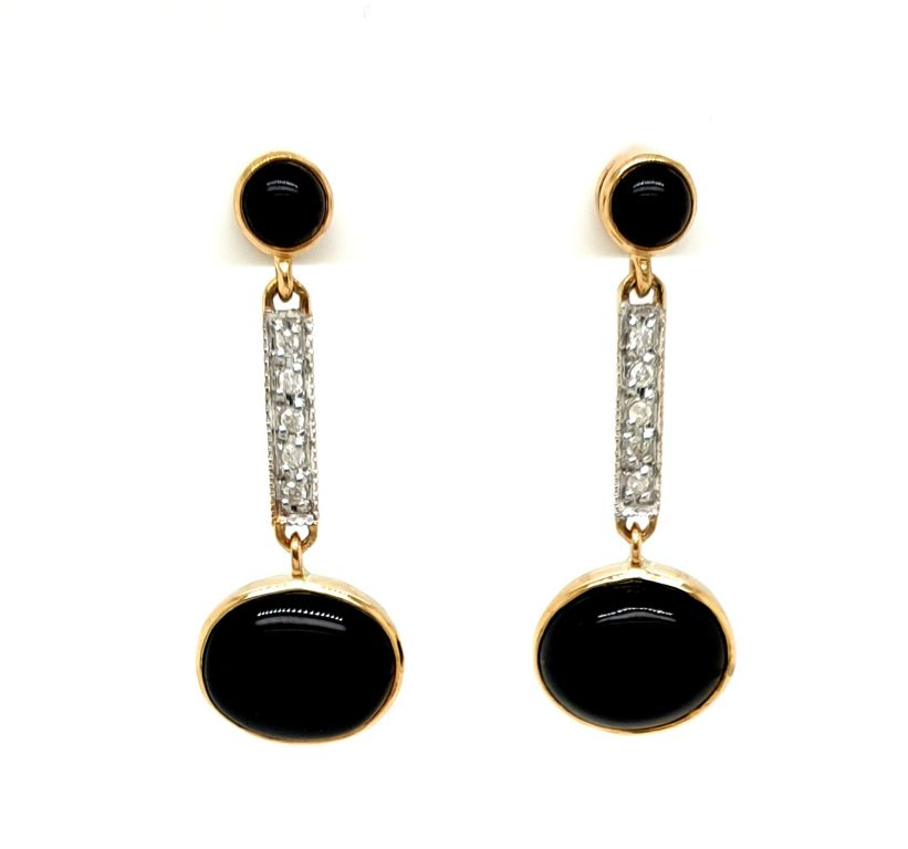 9ct Yellow Gold Onyx Diamond (10x 0.01ct F SI) Drop 28mm Earrings (22265)