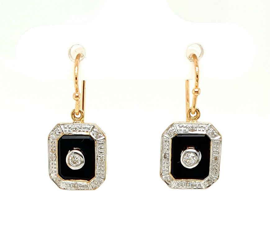 9ct Yellow Gold Onyx (7x5.5mm) Diamond (2x 0.03ct 16x 0.01ct ) Earrings (22266)