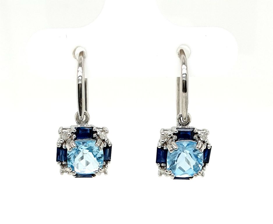 9ct White Gold Topaz (2x 0.90ct) Sapphire (8x 0.10ct) Diamond (8x 0.01ct) Earrings (22267)