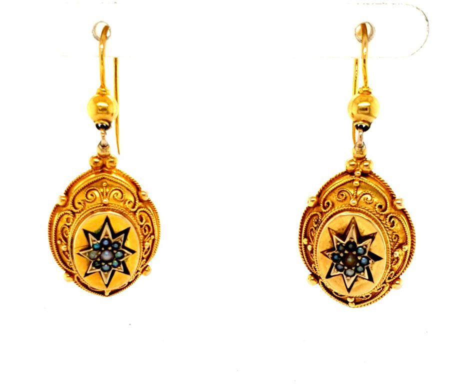 15ct Yellow Gold and Eighteen Seed Pearl Drop Earrings (33mm drop) (22421)