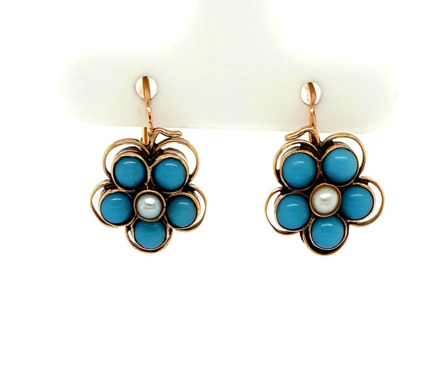 9ct Yellow Turquoise 10x 3.3mm Pearl 2x 2.7mm Cluster Earrings (22464)