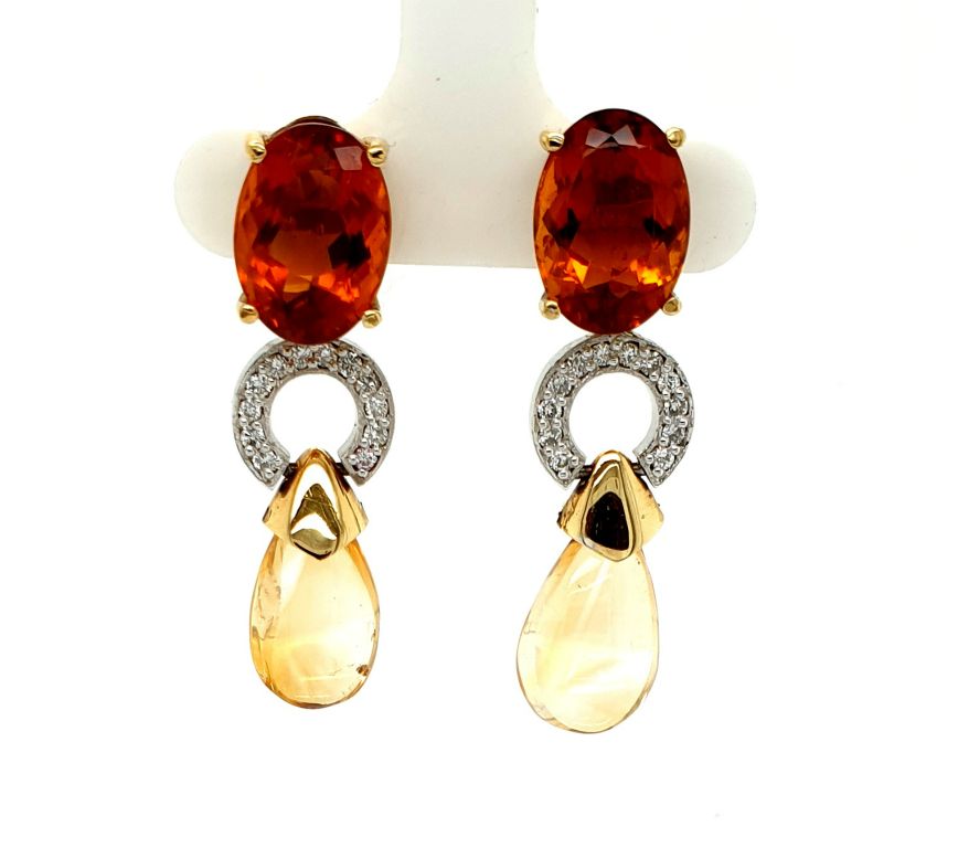 18ct Yellow and White Gold Madeira Citrine (2x3.40ct), Diamond (24x 0.01ct FG SI) and Citrine Drop Earrings (Length 36mm) (22467)