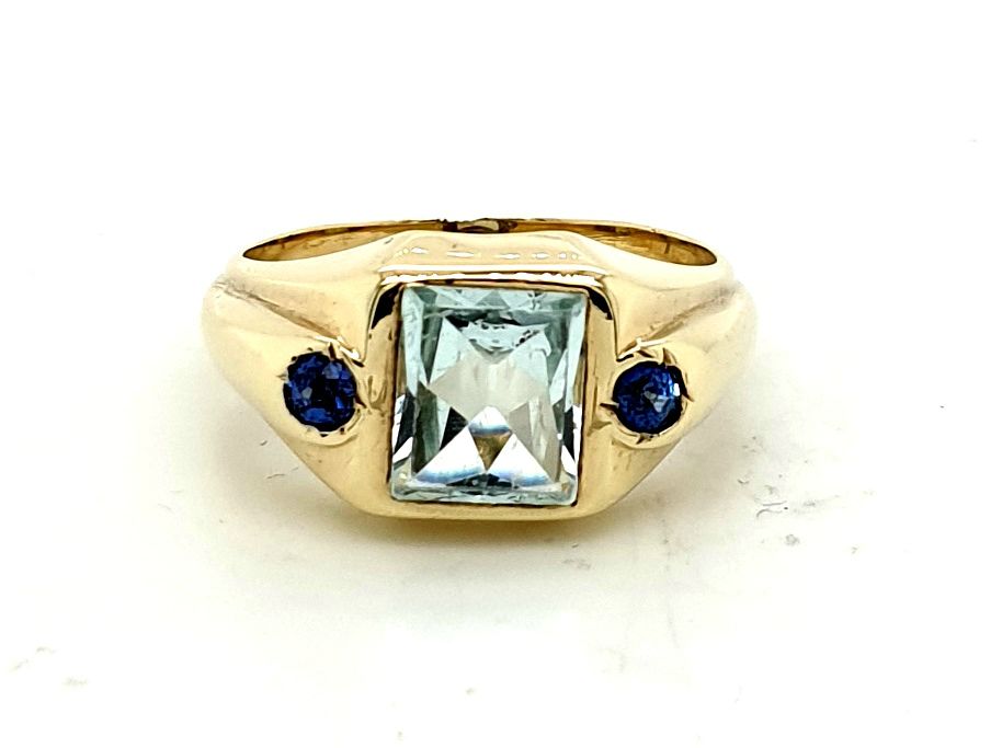 14ct Yellow Gold 1950's Aquamarine 2.0ct and Ceylon Sapphire 2x 0.15ct Ring (15370)