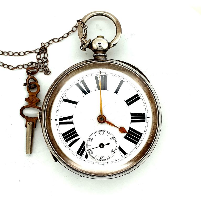 Sterling Silver Swiss Pocket Watch Railway Key-wind 55mm (12372)
