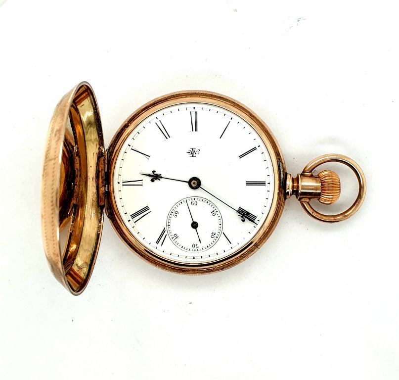 10ct Rose Gold Elgin Ladies Full Hunter Pocket Watch Floral Engraving with engraved stork on reverse (21069)