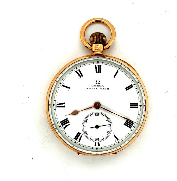 14ct Yellow Gold Omega Open Face Pocket Watch 44mm Machined Back Cover (21467)